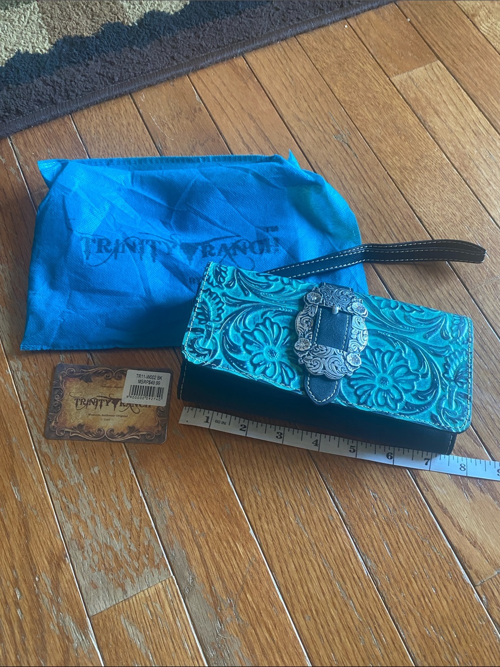 Trinity Turquoise Tooled Leather Wristlet Wallet with Silver Buckle